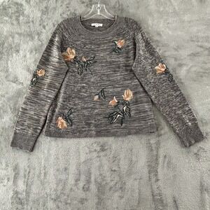 THML Floral Sweater Womens M Embroidery‎ Gray Pullover Round Neck Long Sleeve